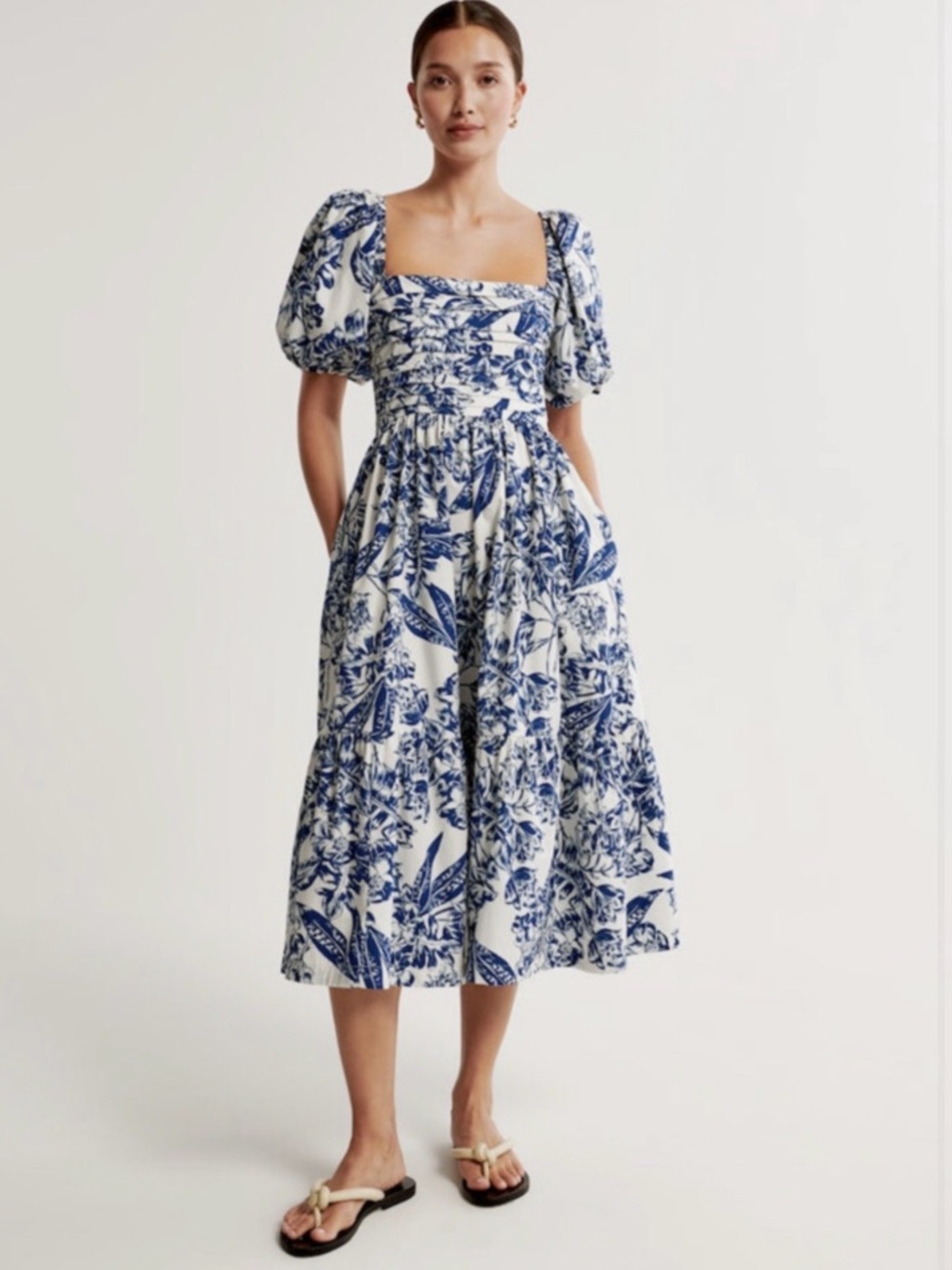 Abercrombie & Fitch Blue and White Floral Puff-Sleeve Midi Dress